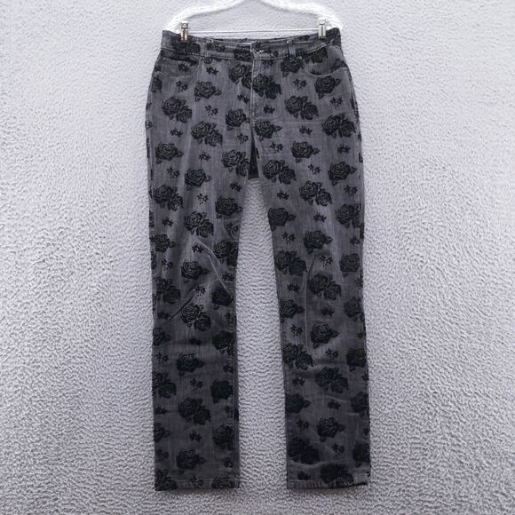 Chicos‎ Womens Platinum Floral Flocked Jeans 1 Size 8 Gray Black Slim Straight - Picture 1 of 13